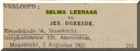 Advertentie verloving in de Limburger Koerier d.d. 10 augustus 1920 van Selma Leeraar en Isidoor Dreesde.