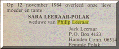 Overlijdensadvertentie in het Nieuw Isralietisch Weekblad d.d. 23 november 1984 van Sara Polak,echtgenote van Philip Leeraar.